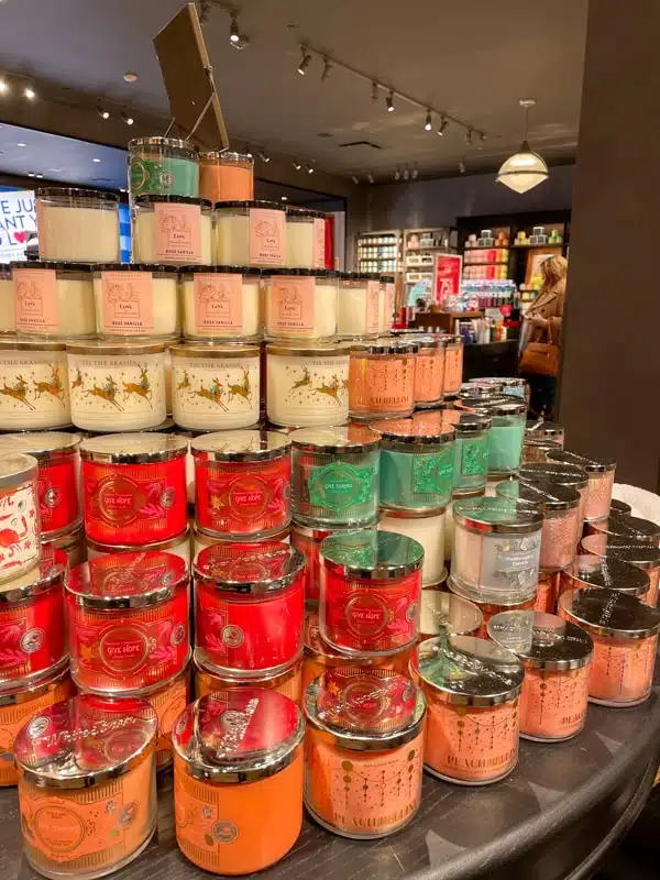 huge stack of scented candles at store in Grand Forks