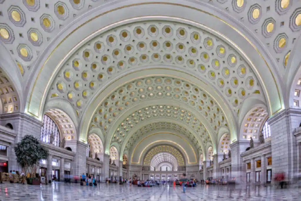 Shot of the inside of the Union Station in Washington DC with a beautiful ceiling in focus