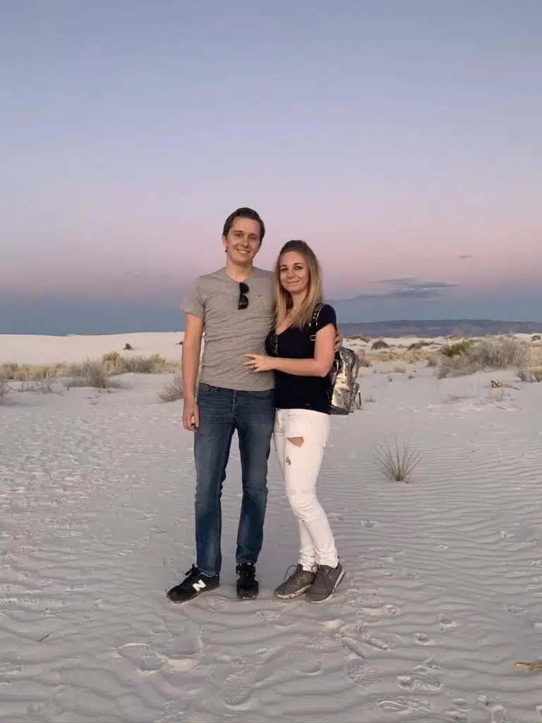 The author and her husband at the white sands sunset stroll 