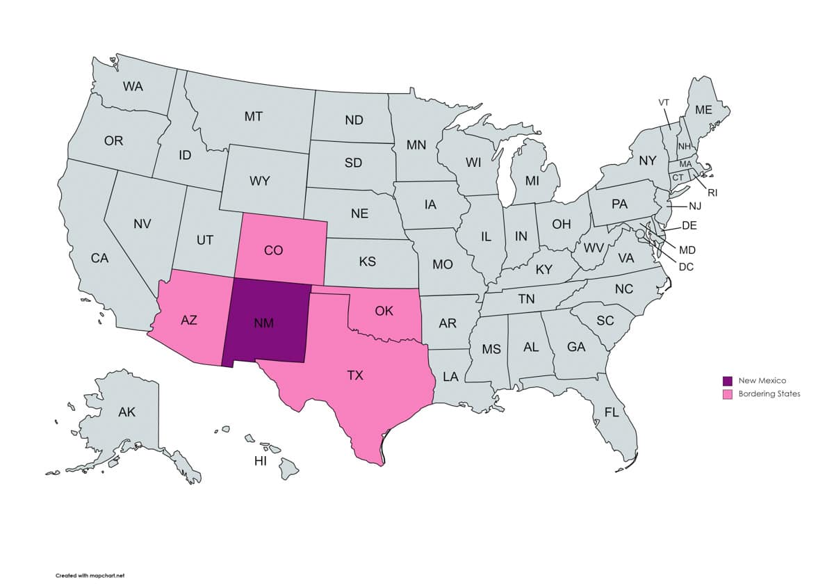 Map showing new mexico in purple and the bordering states of new mexico in pink 
