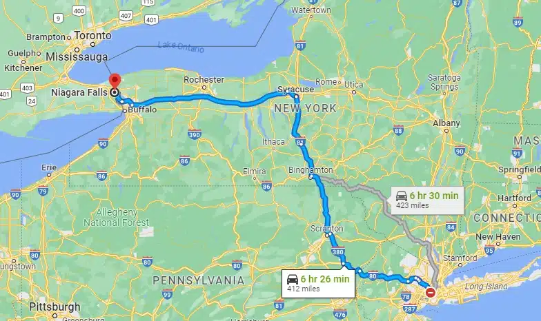 a google maps picture of a route from new york city to the niagara falls to show how close canada is to new york and how long it would take to drive from new york city