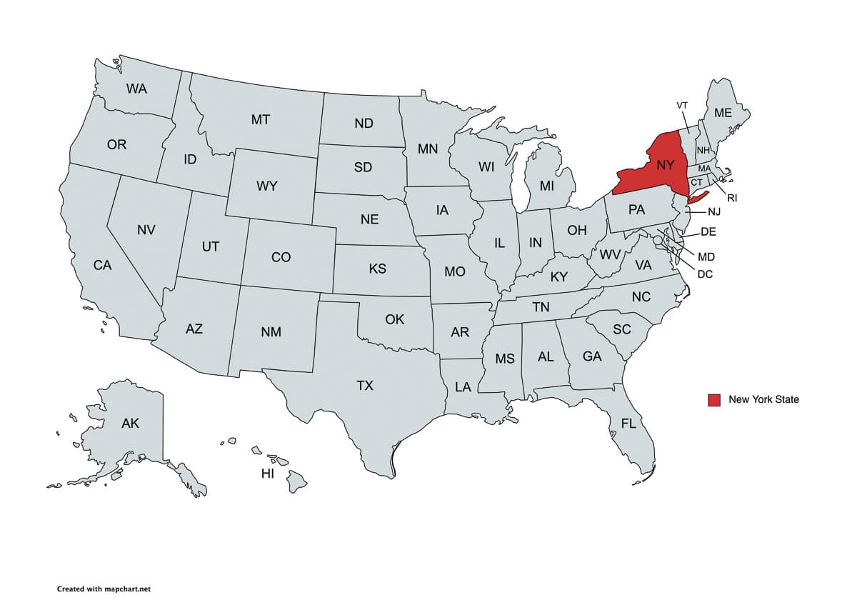 a picture of a map of the usa showing the state of new york in red and showing that it is only one state within a big country