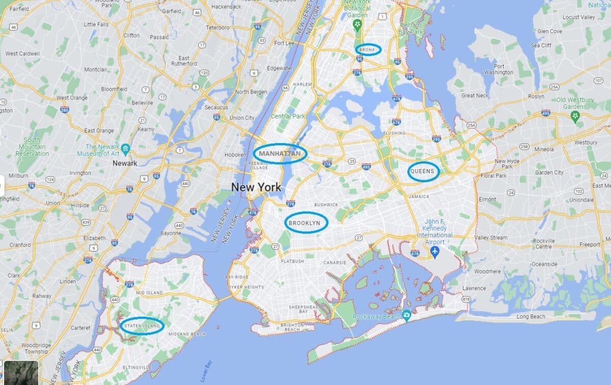 picture of google maps of a map of new york showing the 5 districts of new york with blue circles and showing which are islands and which peninsulas 