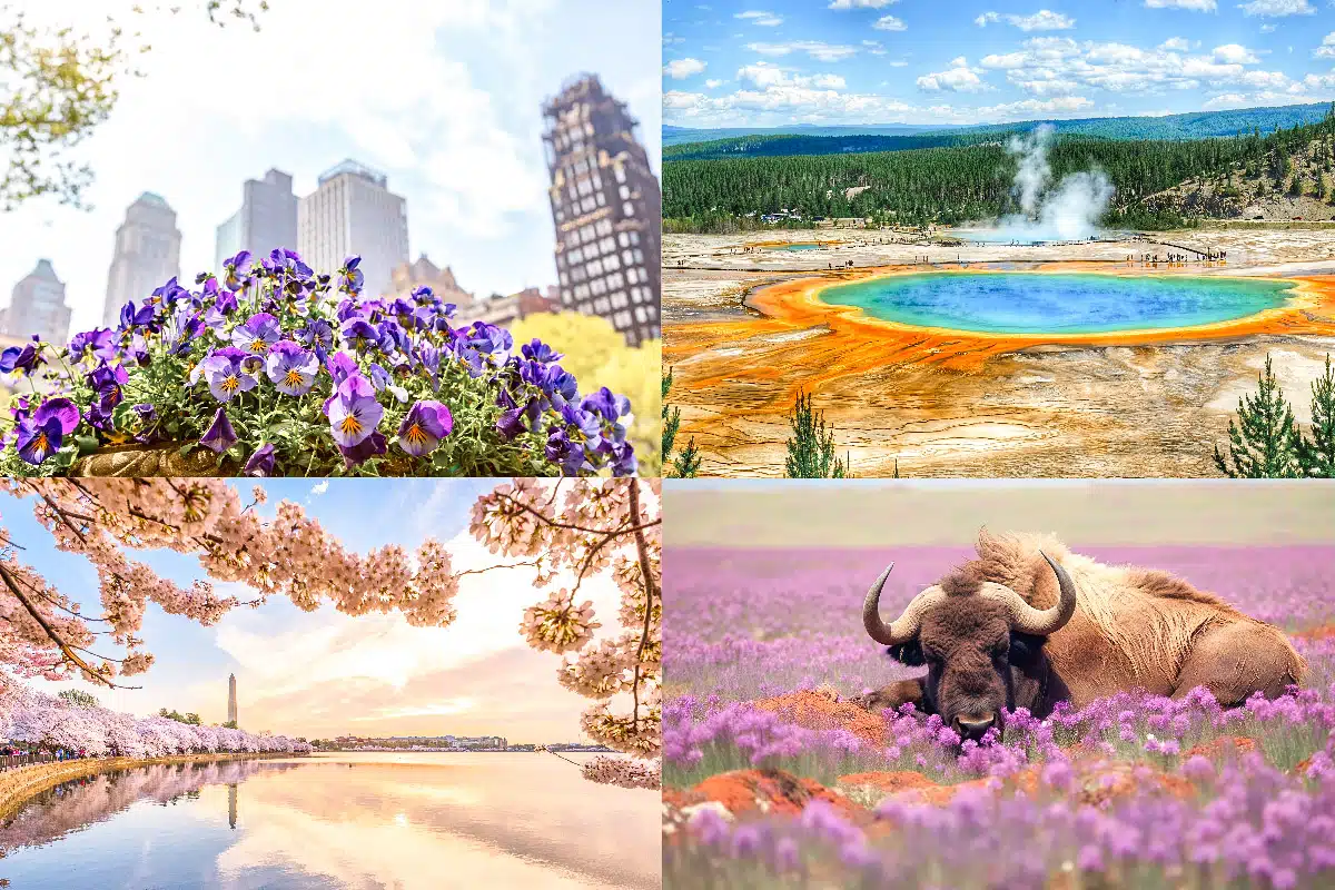 collage of four different places in the us in spring so you can see beautiful flowers in different us states