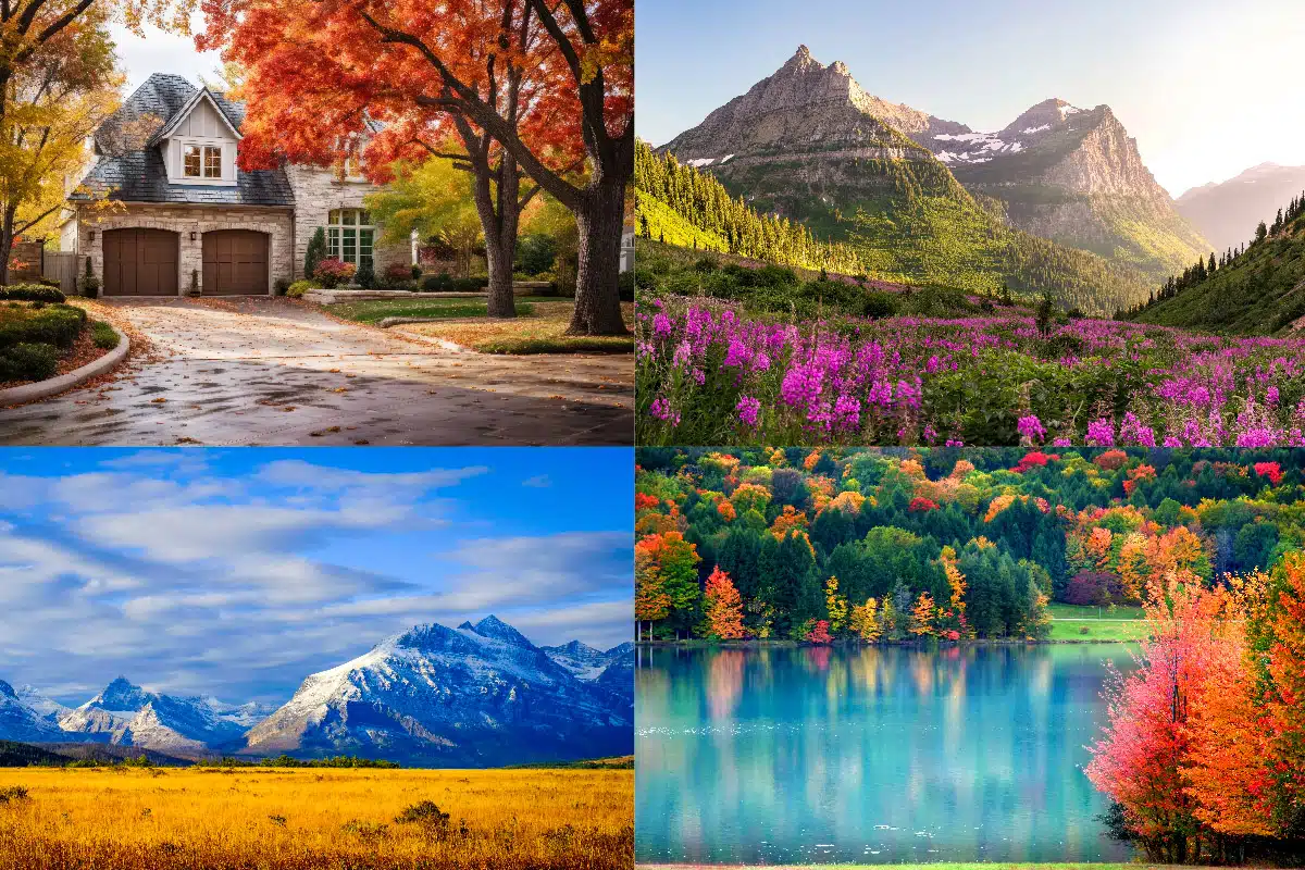 collage of four different fall sceneries in the usa from lakes to mountains to cute houses