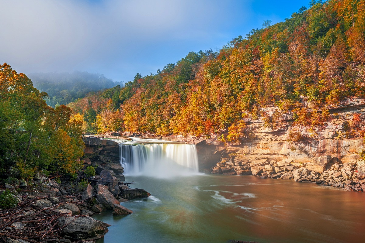 beautiful fall foliage over a waterfall in the usa 