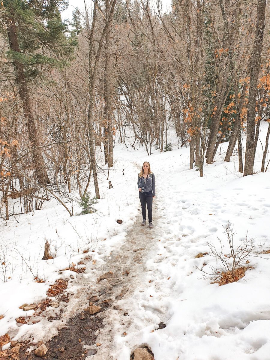 The author stands on a snow-covered trail in a New Mexico forest, dressed in winter attire and holding a camera, ready to capture the winter landscape around her.